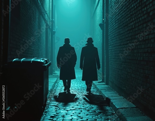 Obraz na płótnie Two men walk in foggy, dim alley. Atmospheric shot, night, urban scene. Mysterious, thriller, suspenseful mood. Silhouettes in trench coats, secret meeting, espionage. w salonie