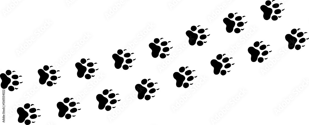 Paw vector foot trail print . Dog, cat, bear, wolf, chicken, cow, crocodile, donkey, duck, elephant and other silhouette animal. Paw print trail on transparent background. Paw vector foot trail print . Dog, cat, bear, wolf, chicken, cow, crocodile, donkey, duck, elephant and other silhouette animal. Paw print trail on transparent background.