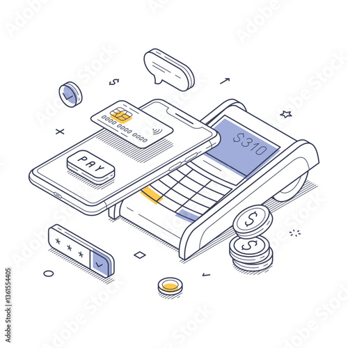 Modern payment process through contactless technology. A smartphone interacts with a payment terminal, highlighting easy and secure transactions. Isometric line art vector illustration