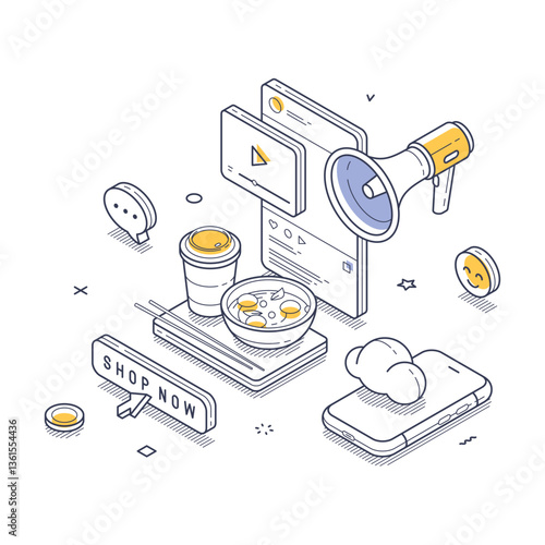 Online business promotion concept. A smartphone, a bowl of food, a coffee cup, and promotional icons combine to illustrate the dynamic world of digital marketing and business engagement