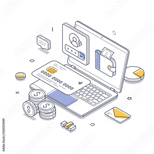 Online transaction scene featuring a laptop displaying payment options and a digital wallet. Cashless transfer system in the online bank application. Modern isometric line art vector illustration