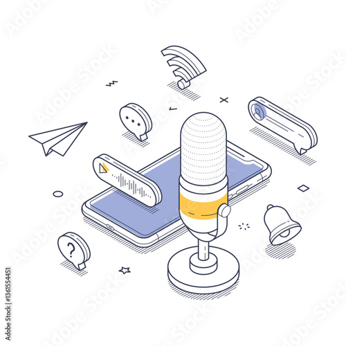 Podcasting and digital communication, the essence of modern media engagement. A microphone stands in front of a smartphone with interactive icons. Modern isometric line art vector illustration