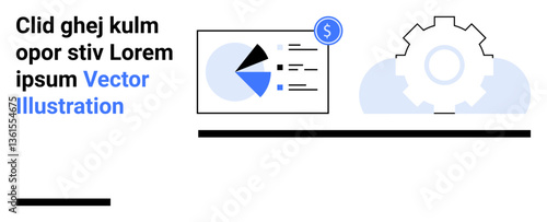 Abstract pie chart with sections, dollar symbol indicating finance, large gear signifying settings or optimization. Ideal for finance, marketing, data, analytics, business, planning simple landing