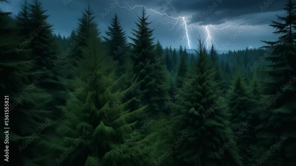 Dramatic Lightning Strike over a Dark Evergreen Forest at Night Dramatic Lightning Strike over a Dark Evergreen Forest at Night