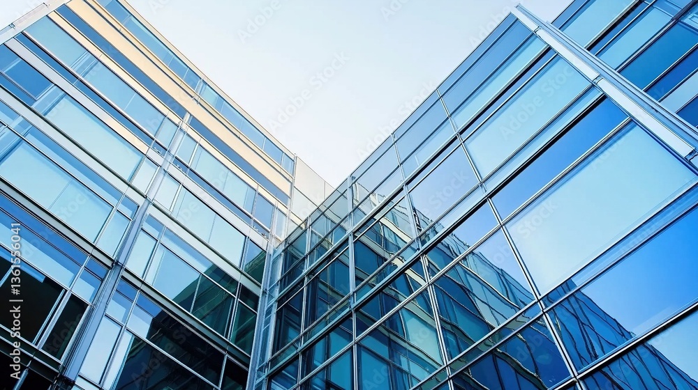 Obraz premium Close-Up of Glass Facades on Modern Office Buildings, Angle Showcasing Intricate Details and Reflections in Clear Blue Sky, Clean Lines, Contemporary Architecture