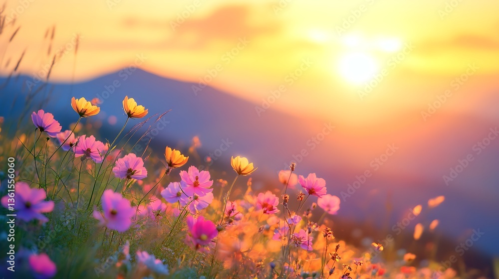 Fototapeta premium Sunset over wildflowers on mountainside; nature scene; vibrant colors; perfect for backgrounds, wallpapers, or nature photography