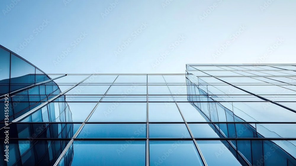 Obraz premium Close-Up of Glass Facades on Modern Office Buildings, Angle Showcasing Intricate Details and Reflections in Clear Blue Sky, Clean Lines, Contemporary Architecture