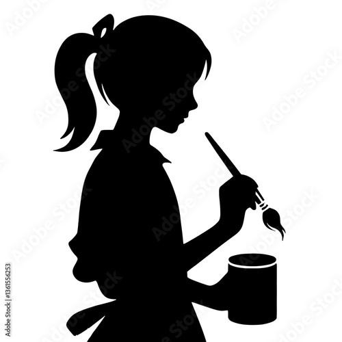 Schoolgirl painting with brush and jar silhouette