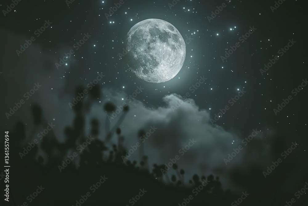Fototapeta premium A stunning night scene featuring a glowing moon surrounded by twinkling stars and wispy clouds, with silhouettes of plants in the foreground.