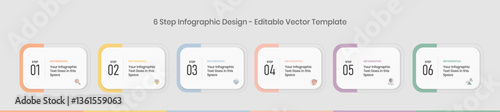 6 Steps Infographics Design editable Template, Graph, Pie chart, workflow layout, horizontal rectangular box diagram, report, business presentation graphic elements, step by step process diagram