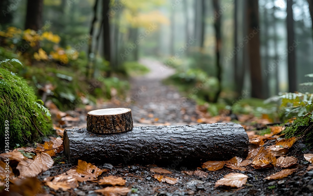 Obraz premium Wooden bowl on a fallen log in a misty forest