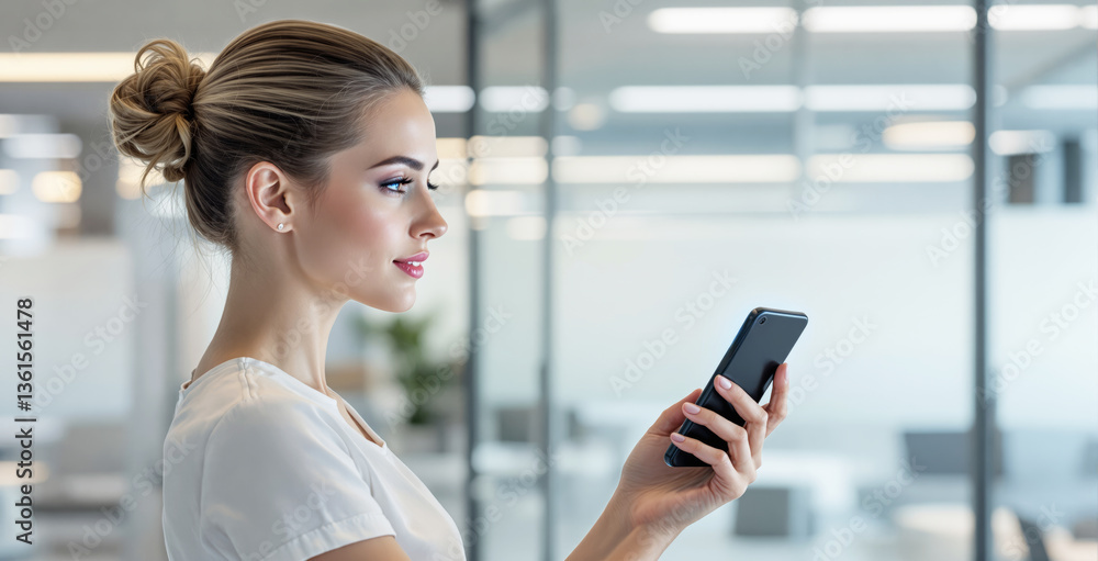 Fototapeta premium Confident woman using smartphone in office setting with modern glass background. She appears focused, engaging with technology. Ai generative