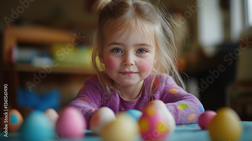 Young child looks over colorful decorated Easter eggs on table.