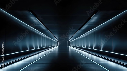 Futuristic Symmetrical Stage with Light and Shadow Effects on Dark Background, Minimalist Design LED Lighting, Dark Blue Color Scheme, Mysterious Atmosphere,