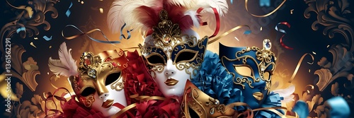 Artistic Rosenmontag masquerade illustration with ornate Venetian-style carnival masks in red, gold, blue adorned with feathers confetti beads set against a luxurious patterned elegance background