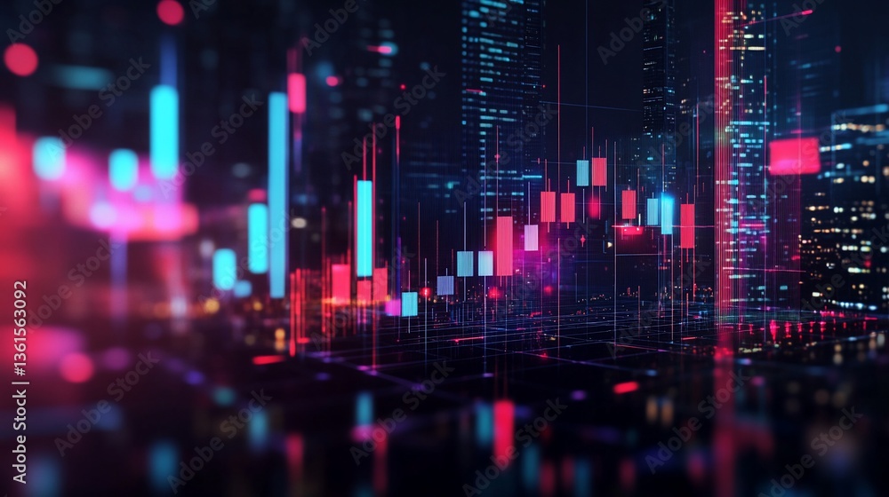 Abstract city skyline with digital financial chart overlayed, future trading data Abstract city skyline with digital financial chart overlayed, future trading data
