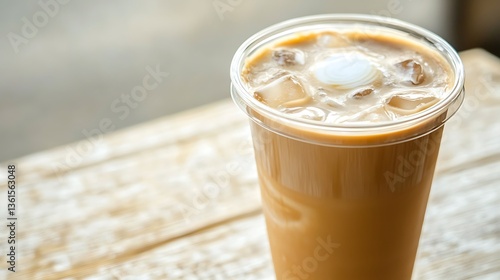 a cup of coffee on the wood table