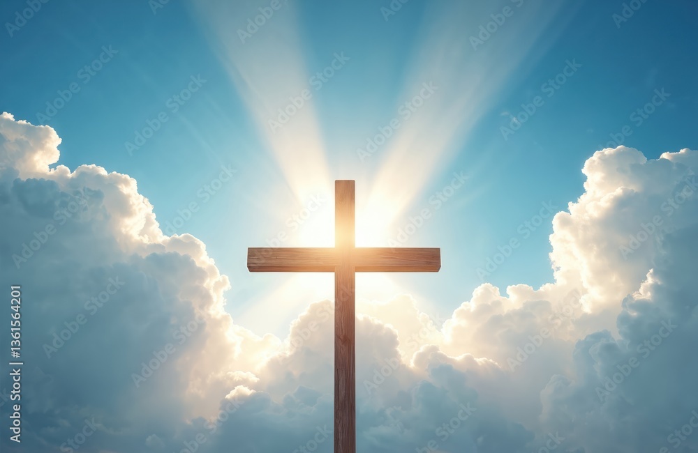 Wooden cross against radiant blue sky. Sunlight bursts behind the cross symbol of hope, faith. Spiritual background, religion, heaven, divine peace. Calmness inspires prayer. Wooden cross against radiant blue sky. Sunlight bursts behind the cross symbol of hope, faith. Spiritual background, religion, heaven, divine peace. Calmness inspires prayer.