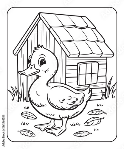 Duck coloring page for kids, black line art vector illustration on white background 