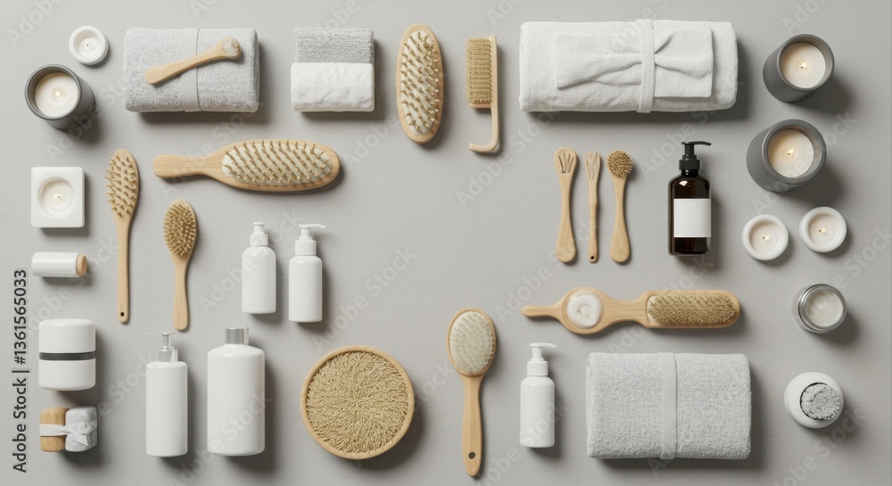 Spa essentials arranged in a neutral aesthetic. Spa essentials arranged in a neutral aesthetic.