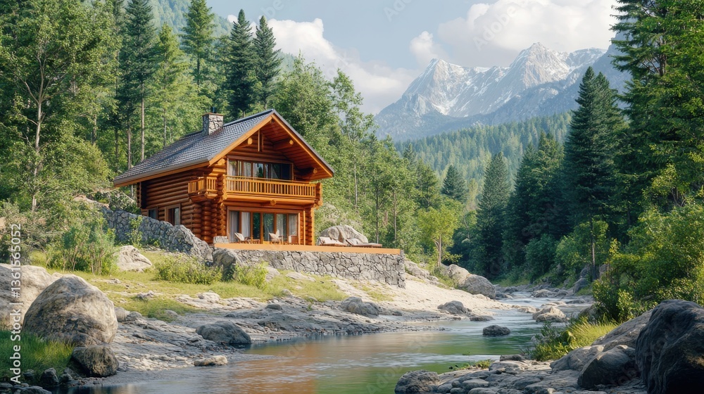 Fototapeta premium Serene wooden cabin by a river, surrounded by lush forests and mountains
