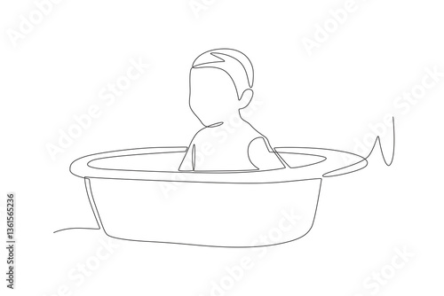 Toddler is soaking in a basin. Taking a bath concept one-line drawing