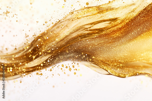 Luxury of gold liquid with gold glitter flowing on white background.