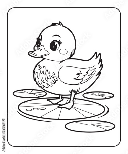 Duck coloring page for kids, black line art vector illustration on white background 