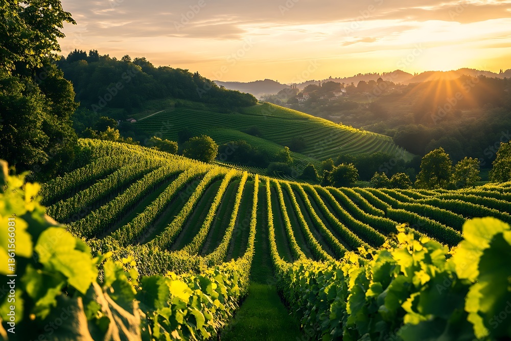 Fototapeta premium Vineyard rows at sunrise, hills, valley. Scenic landscape. Stock photo