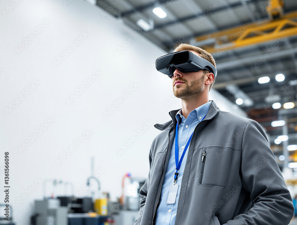 Engineer wearing VR headset in a modern industrial environment. The background features a factory with machinery, illustrating advanced technology applications. Ai generative Engineer wearing VR headset in a modern industrial environment. The background features a factory with machinery, illustrating advanced technology applications. Ai generative