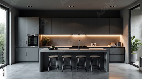 Wallpaper Mural A sleek and minimalist kitchen in a monochromatic gray palette, featuring matte charcoal cabinets, concrete countertops, and stainless steel appliances. Torontodigital.ca