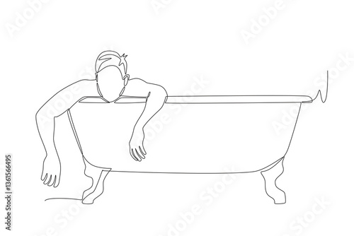 Man soaking while lazing in the bathtub. Taking a bath concept one-line drawing