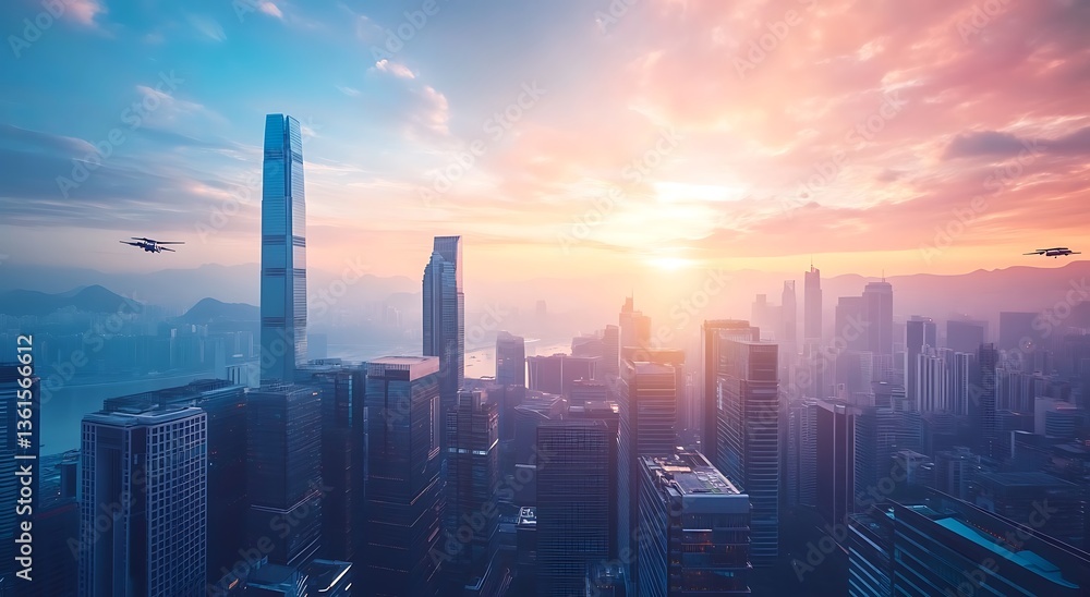 Fototapeta premium A futuristic cityscape with sleek, angular skyscrapers and flying vehicles in the sky