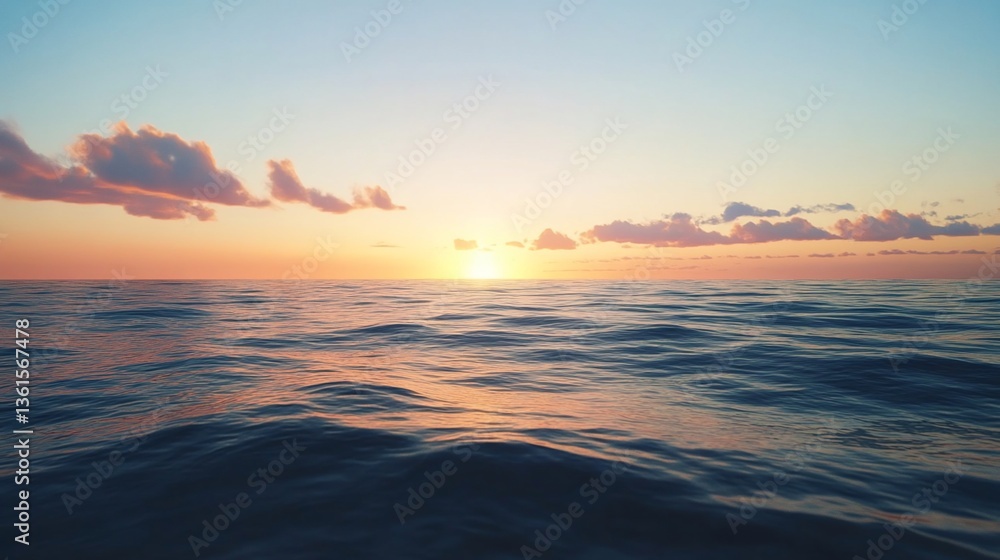 Naklejka premium A mesmerizing ocean sunset with calm waters and soft clouds painting the sky, showcasing nature's beauty and tranquility
