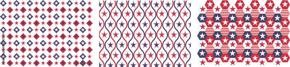 Fototapeta premium Independence day of America festive seamless pattern. Creative abstract geometric shape background for 4th July trendy design with colorful shapes. Simple and playful print set.