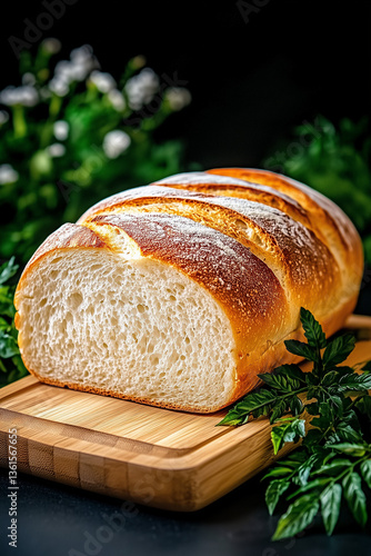Fresh loaf of bread on wooden board, rustic and warm, for homemade food