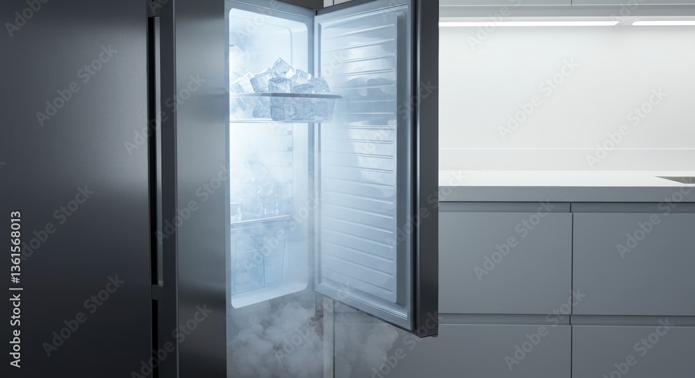 Open Refrigerator with Ice Cubes and Fog in Modern Kitchen Interior Open Refrigerator with Ice Cubes and Fog in Modern Kitchen Interior
