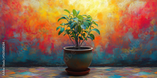 Potted green plant with vibrant mood against colorful painted wall