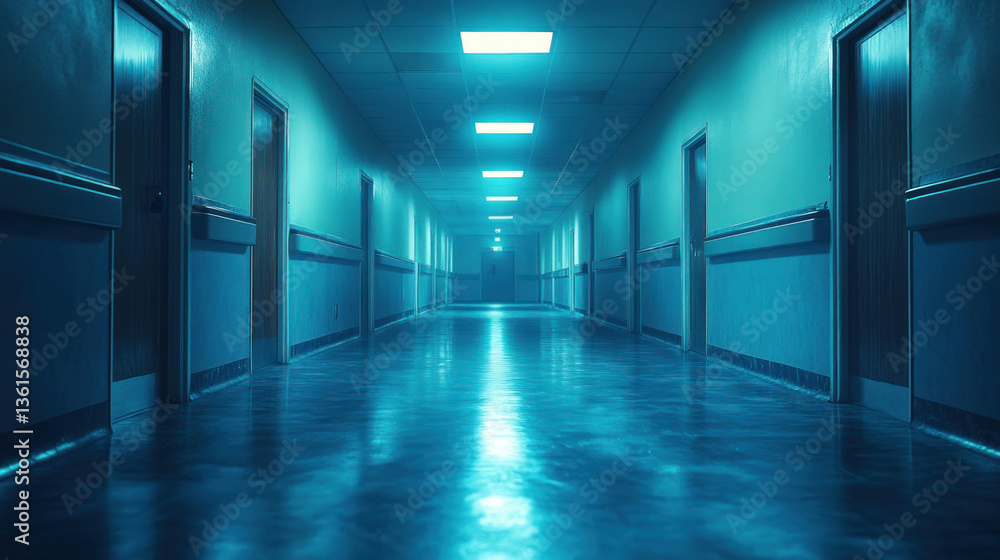 A night shot of a hospital hallway, flickering fluorescent lights, cinematic horror effect A night shot of a hospital hallway, flickering fluorescent lights, cinematic horror effect