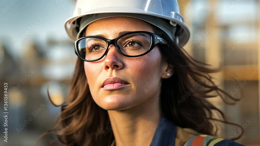 Confident Female Engineer: A close-up portrait of a focused female engineer in a safety helmet and glasses, showcasing her determination and professionalism. Confident Female Engineer: A close-up portrait of a focused female engineer in a safety helmet and glasses, showcasing her determination and professionalism.