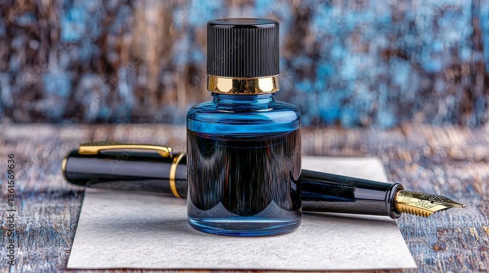 Obraz premium Vintage Ink Bottle with Classic Fountain Pen in Dark Mood Setting