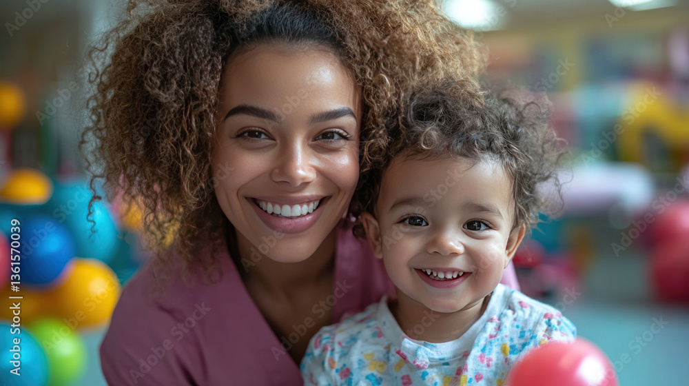 Fototapeta premium A pediatric nurse playing with a child patient, bright and colorful hospital environment