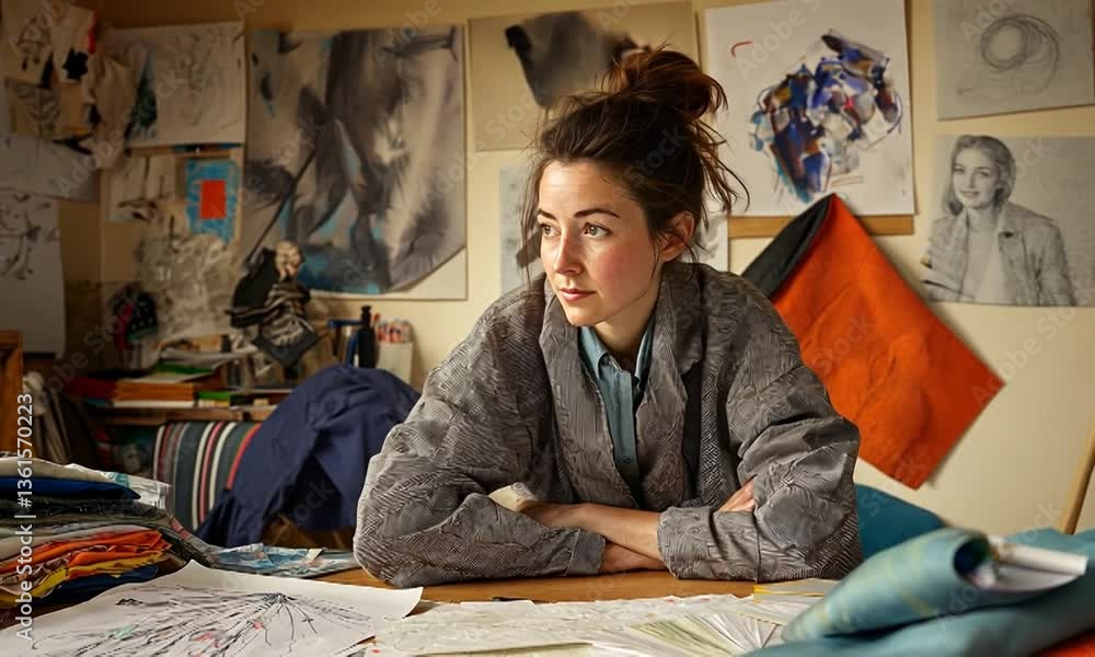 Artist in a creative studio surrounded by sketches and colorful fabrics, deep in thought about her work