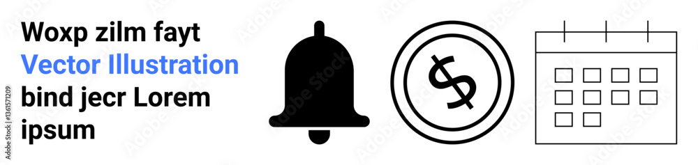 Bell icon for alerts, currency coin symbol, and calendar outline. Ideal for finance, scheduling, reminders, notifications, events time management budgeting. Abstract line flat metaphor Bell icon for alerts, currency coin symbol, and calendar outline. Ideal for finance, scheduling, reminders, notifications, events time management budgeting. Abstract line flat metaphor