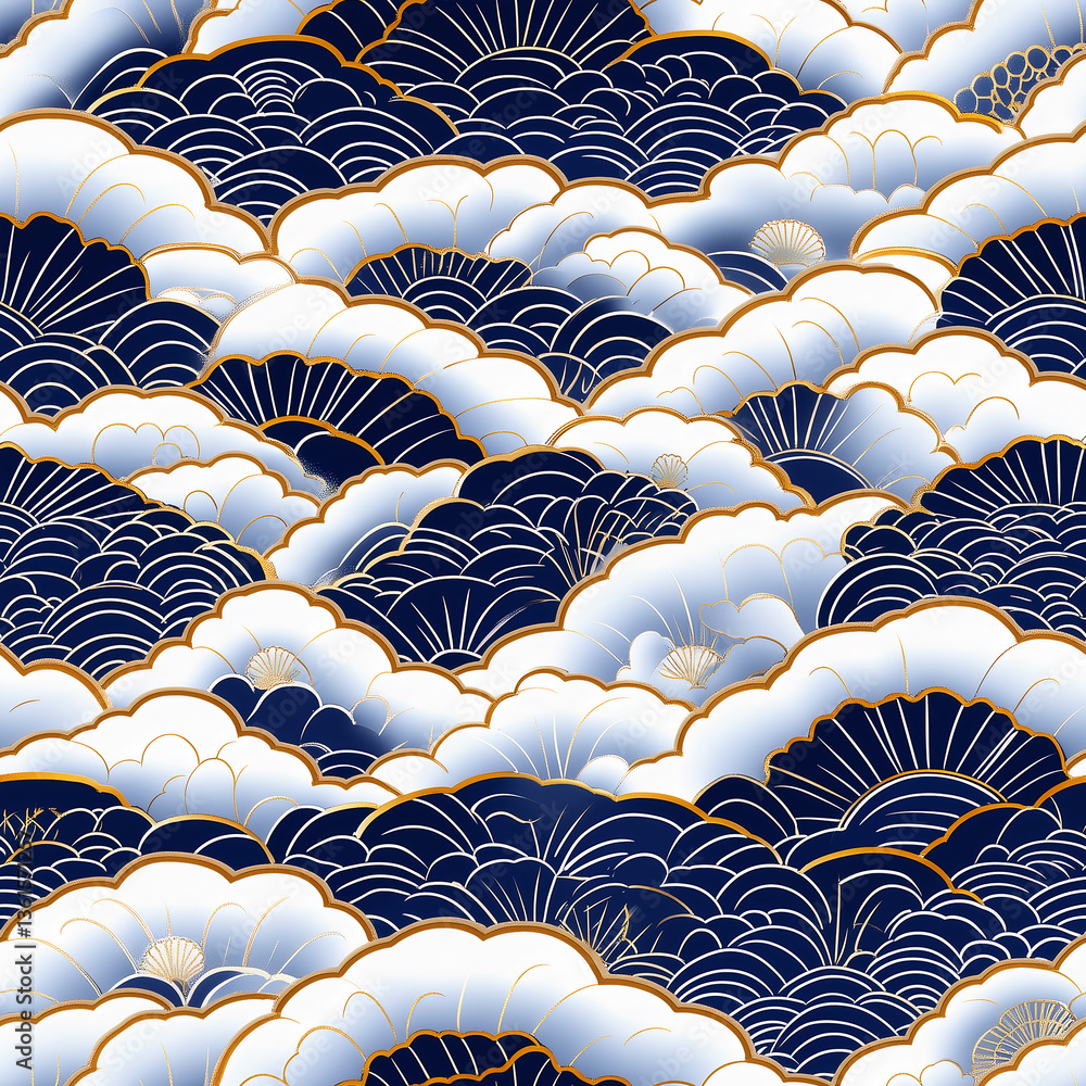 Obraz premium Luxury Japanese Cloud Wave Pattern with Gold Accents