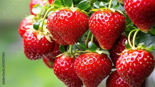 A visually striking vertical planter system filled with lush, red strawberries cascading downwards, showcasing the vibrant colors and textures of the fruit. The background offers a soft, natural