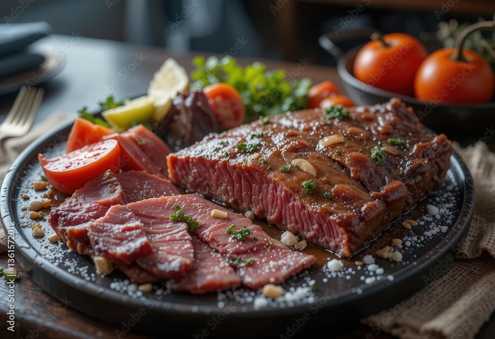 Sliced, Cooked Flank Steak Garnished with Herbs and Vegetables on Plate Sliced, Cooked Flank Steak Garnished with Herbs and Vegetables on Plate