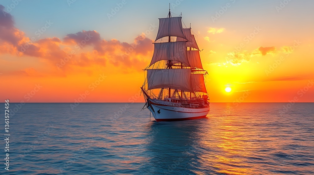 Fototapeta premium Sailing Ship on Open Water at Sunset with Glowing Sky