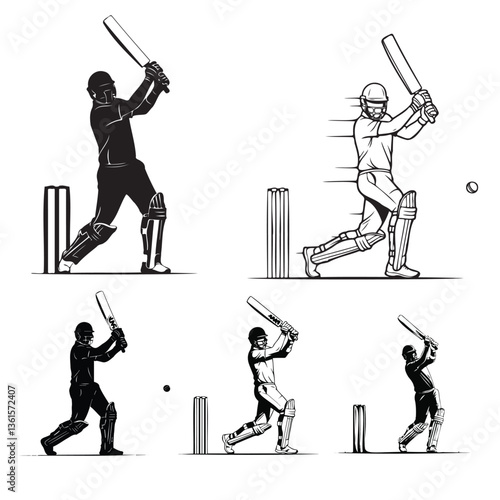 Cricket Batsman Silhouette and Line Art Collection Playing Shots

