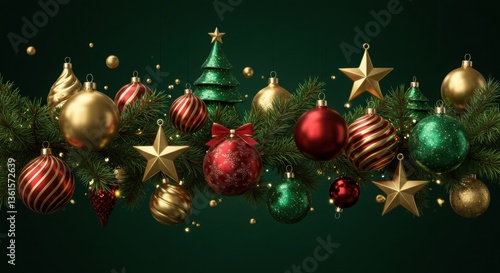 Christmas ornaments galore on dark green.